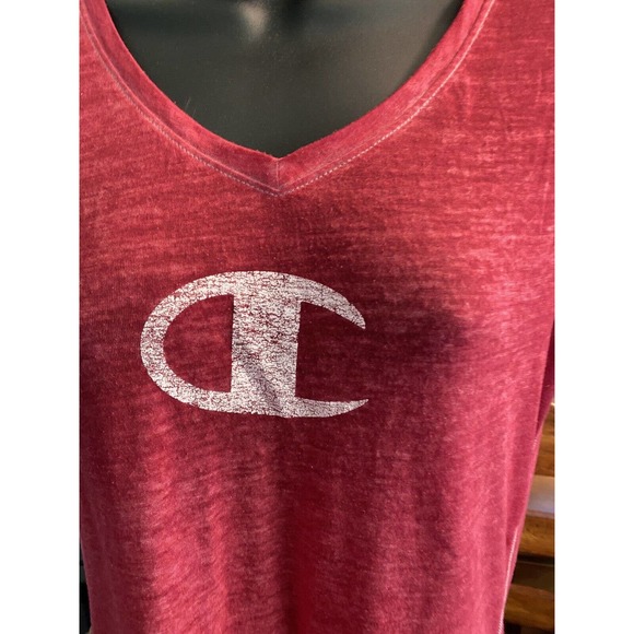 Womens Champion Authentic Red Burnout Logo V Neck T Shirt Sz Med EUC - Picture 2 of 9